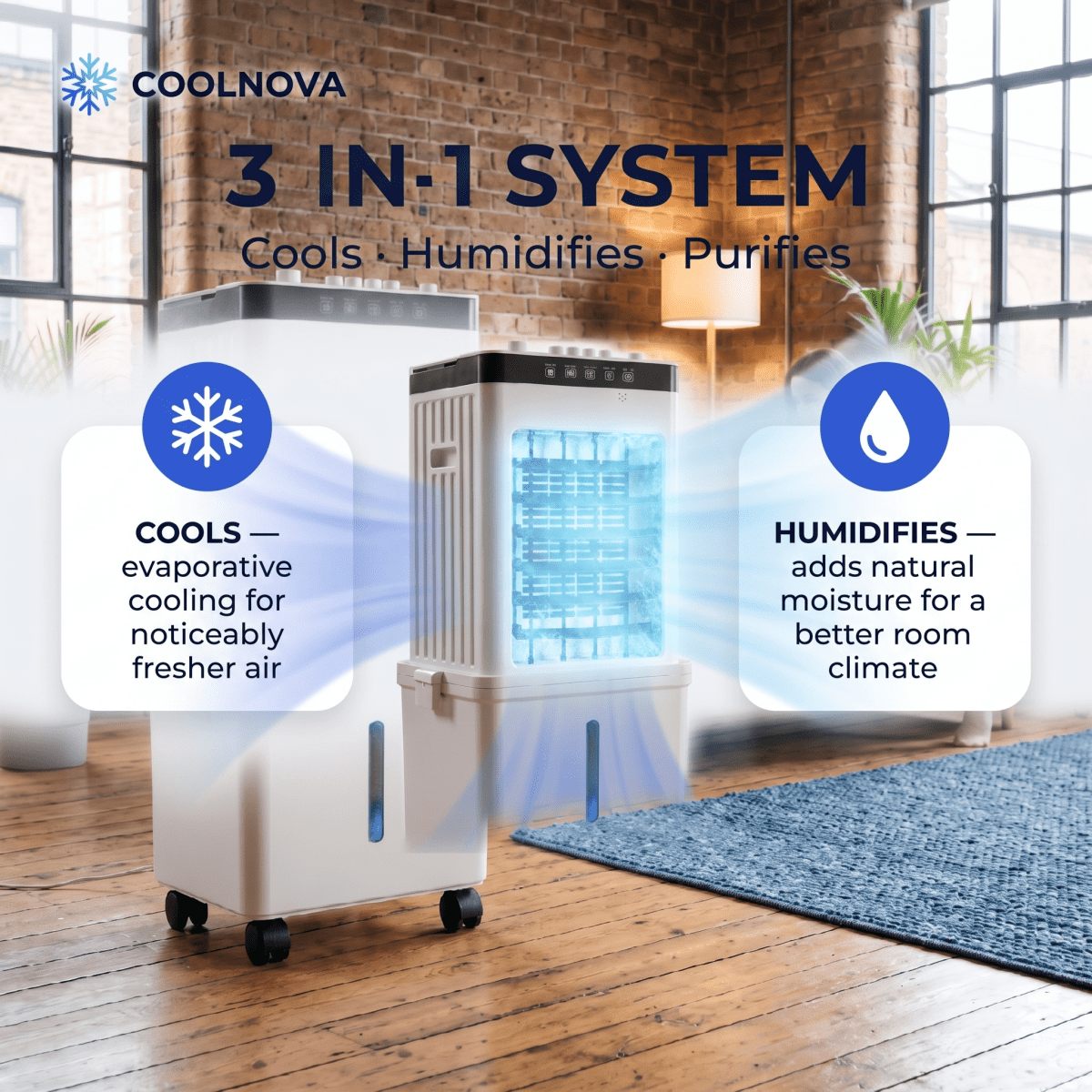 Premium 3-in-1 Mobile Air Cooler with Ice Packs | No Exhaust Hose, Whisper-Quiet | Remote Control & Wheels