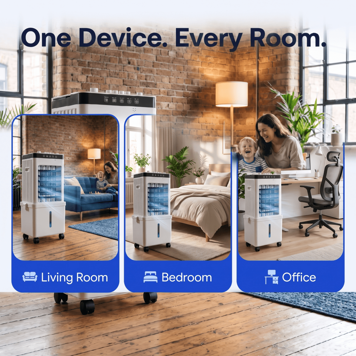 Premium 3-in-1 Mobile Air Cooler with Ice Packs | No Exhaust Hose, Whisper-Quiet | Remote Control & Wheels