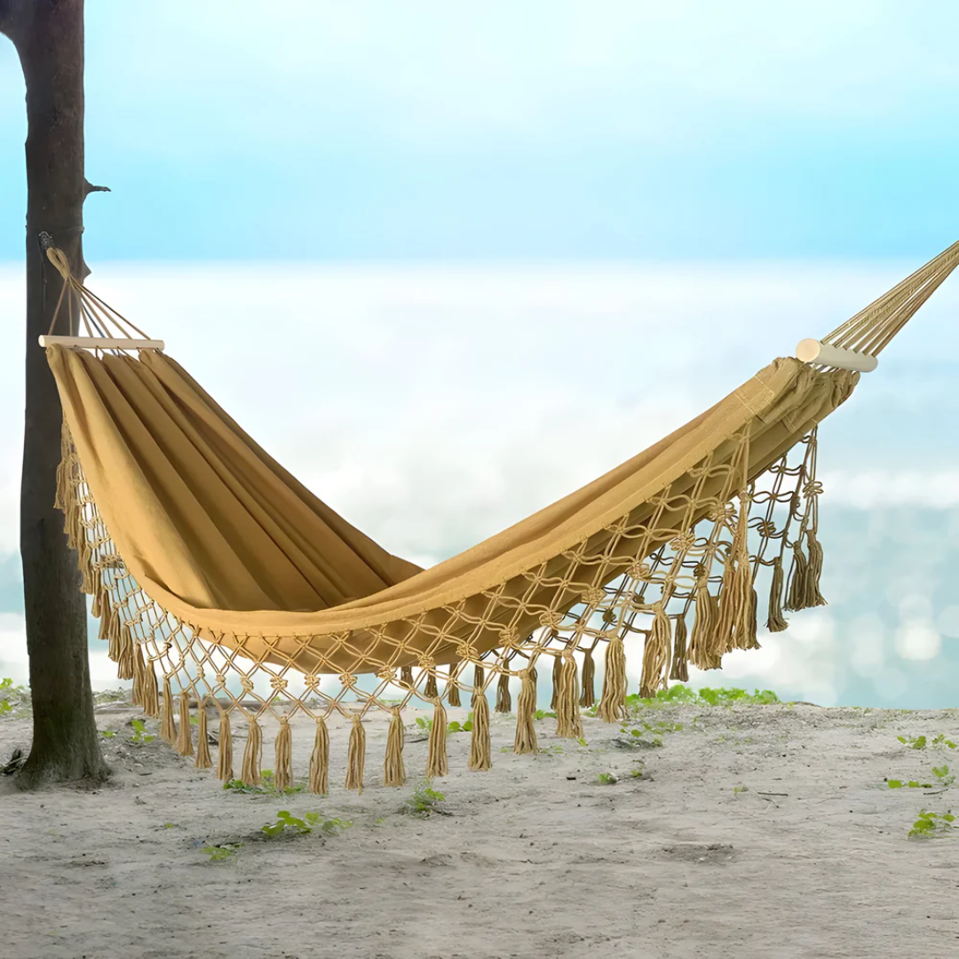 Boho Cotton Hammock with Wooden Spreader Bars | Comfortable Indoor Outdoor Design | A Relaxing Addition to Patios and Living Spaces
