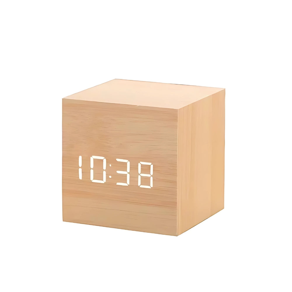 Wood Grain Digital Clock Cube for a Bedside Table | Snooze Button and Temperature Readout in Four Finishes