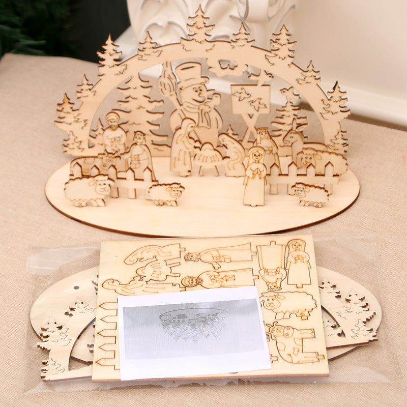Wooden Christmas Scene Ornament Decoration with Snowman