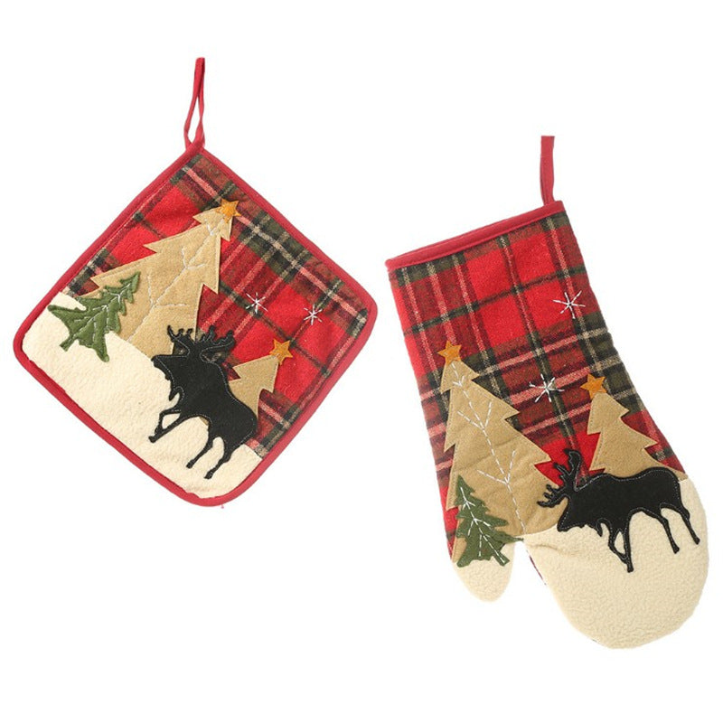 Christmas Oven Mitt with Plaid Pattern, Moose and Trees