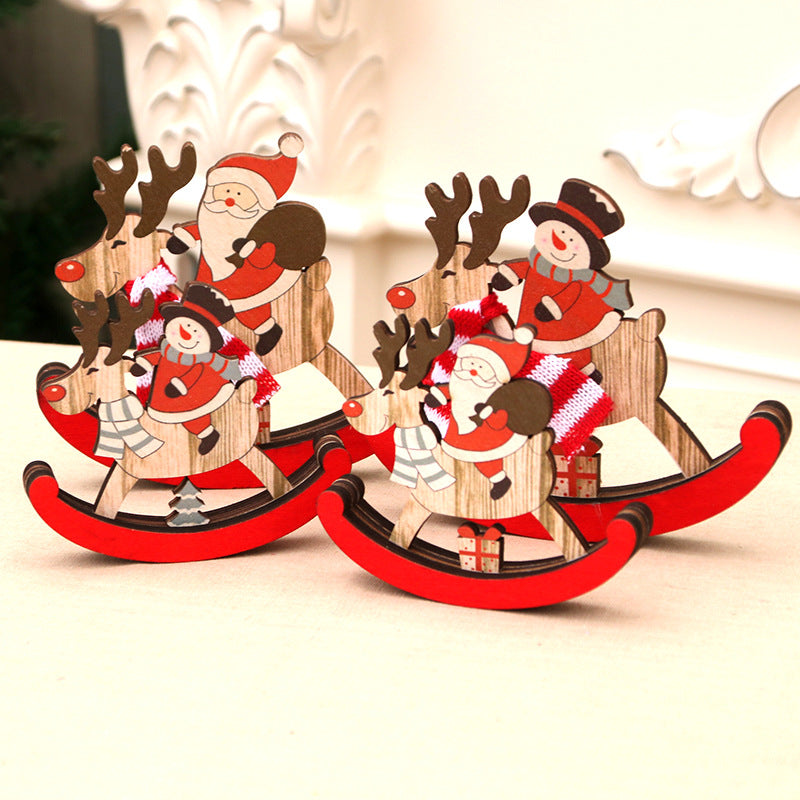 Wooden Reindeer Rocking Christmas Figurines with Santa