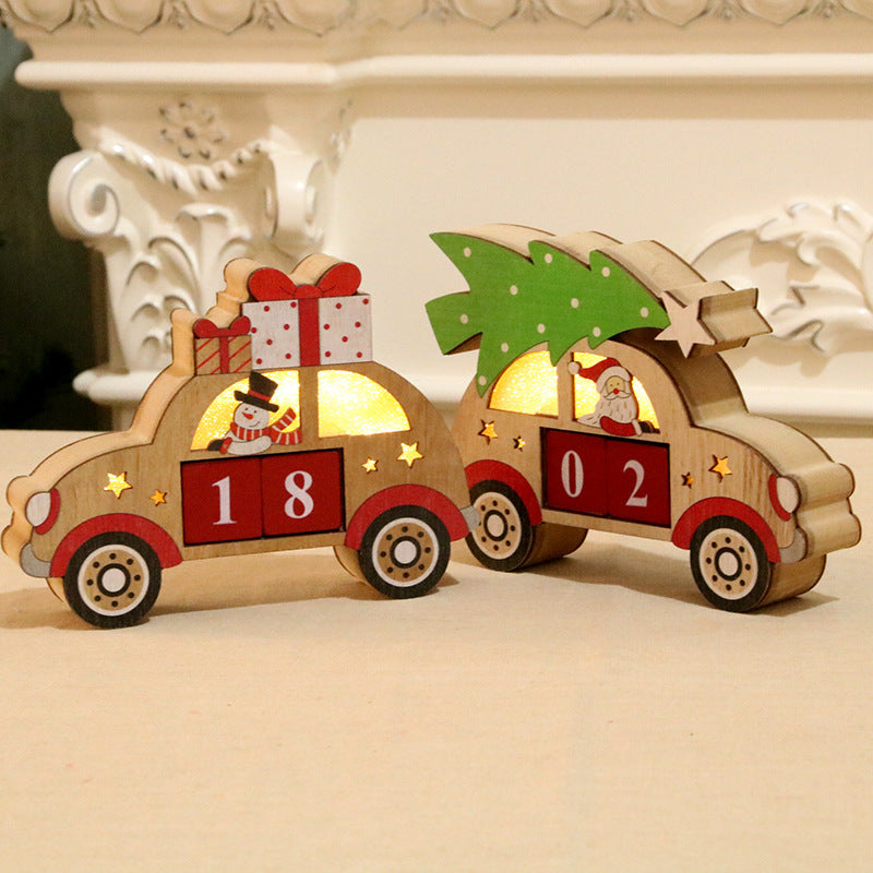 Wooden Christmas Decorations Car Figurine with Snowman
