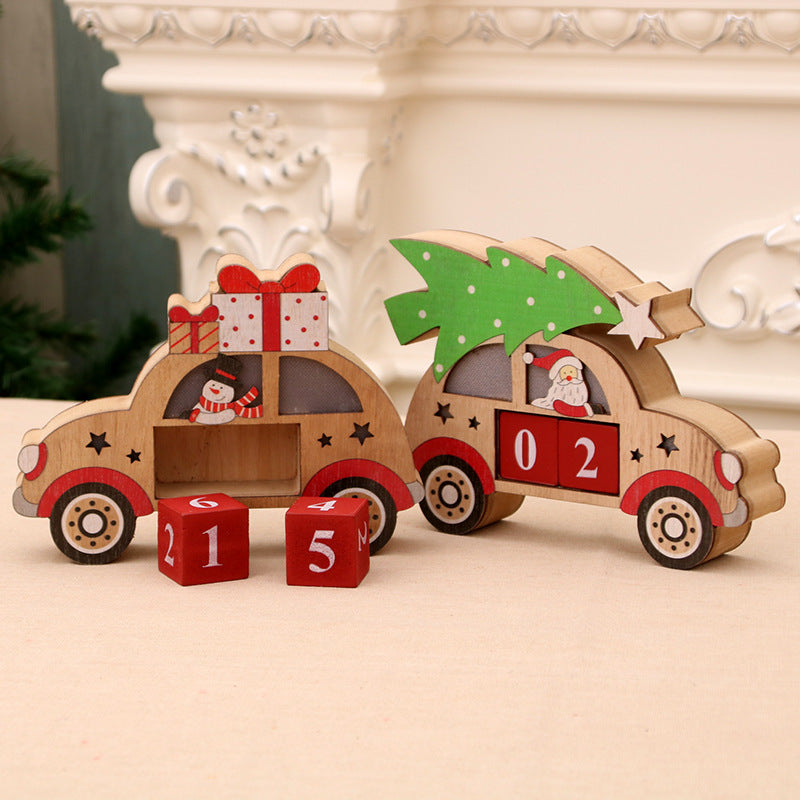 Wooden Christmas Decorations Car Figurine with Snowman