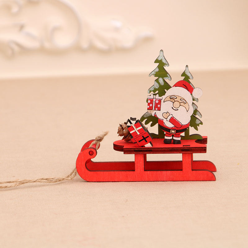 Wooden Christmas Ornaments Sleigh Set with Santa and Deer