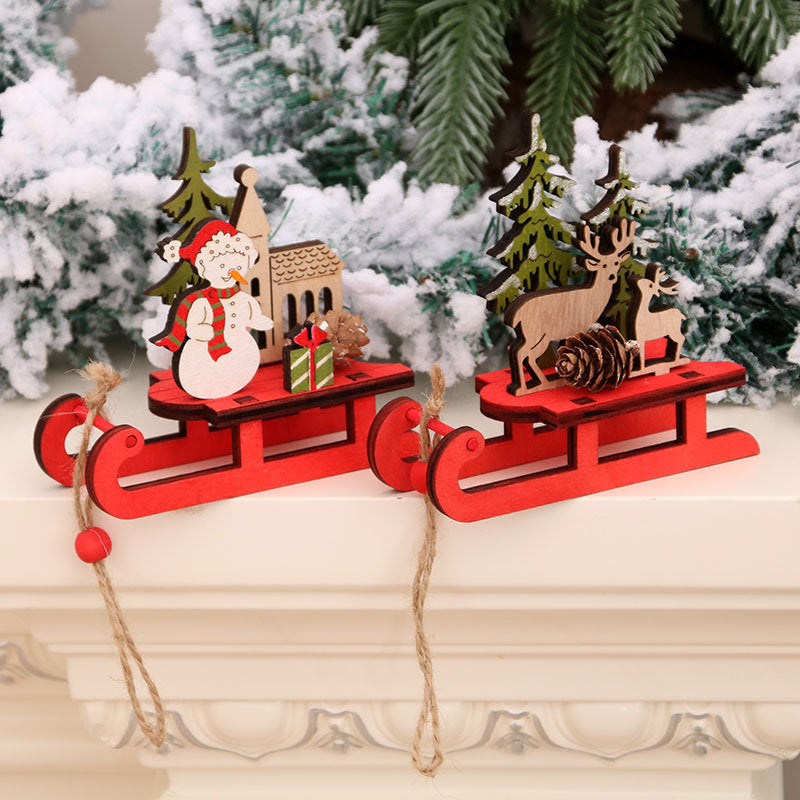 Wooden Christmas Ornaments Sleigh Set with Santa and Deer