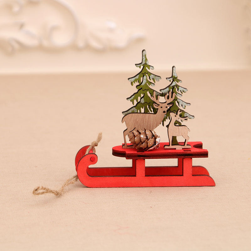 Wooden Christmas Ornaments Sleigh Set with Santa and Deer