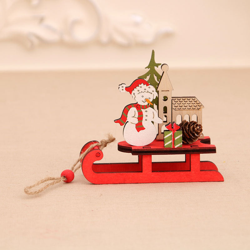 Wooden Christmas Ornaments Sleigh Set with Santa and Deer