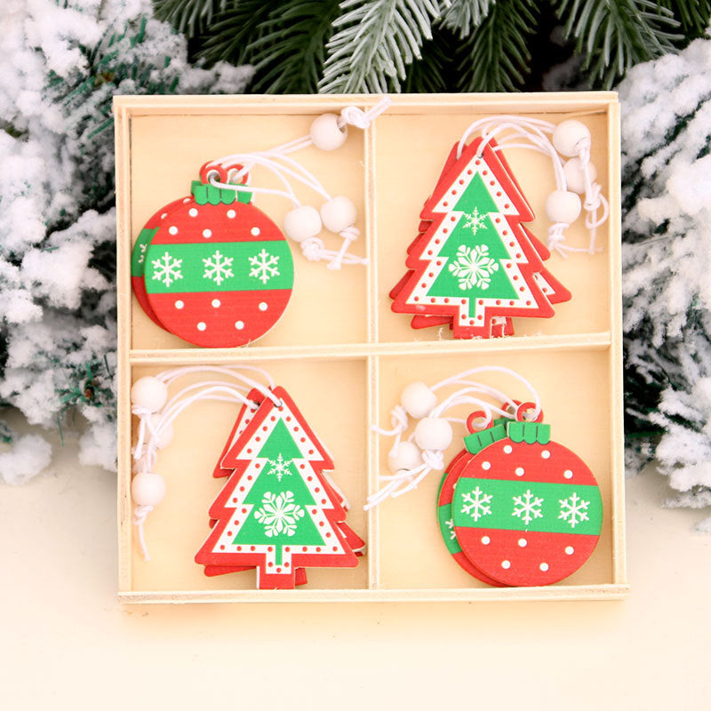 Wooden Christmas Tree Ornaments Set with Snowflake Designs