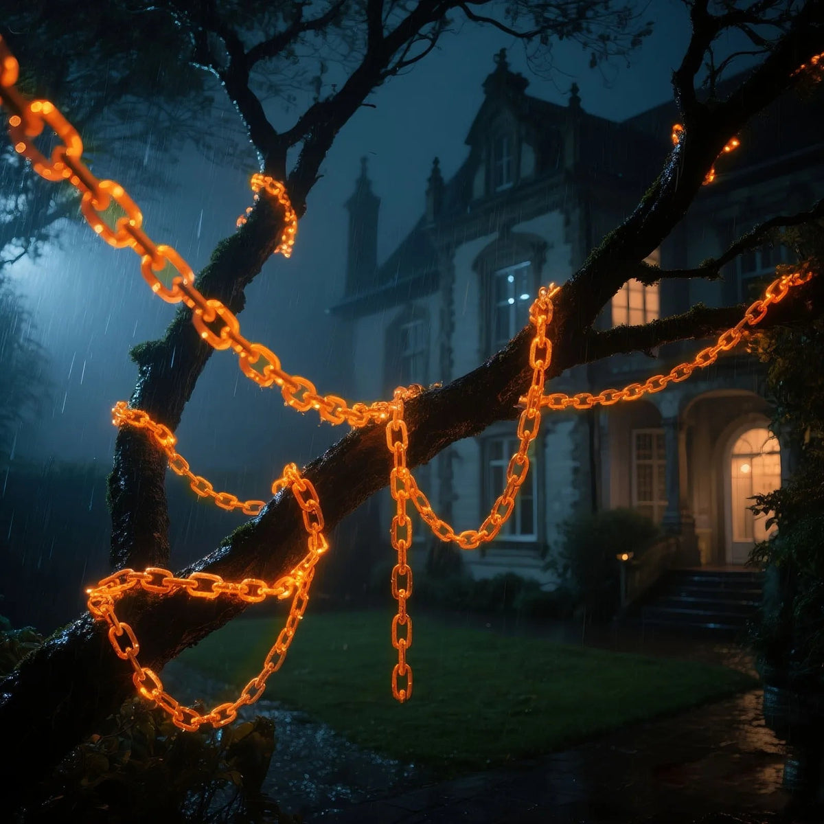 Halloween LED chain string lights glowing orange on a porch