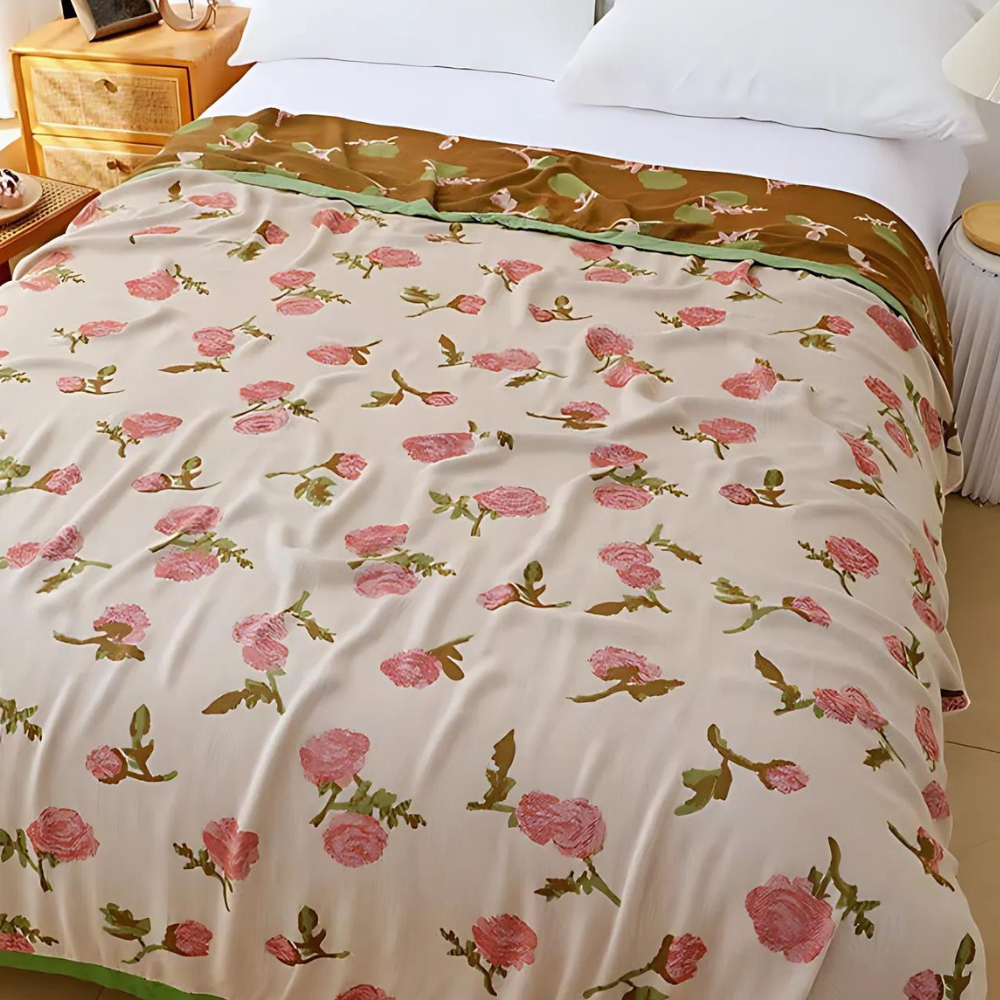 Bamboo Fiber Summer Blanket with Rose Pattern | Lightweight for Warmer Nights | A Decorative Bedding Layer