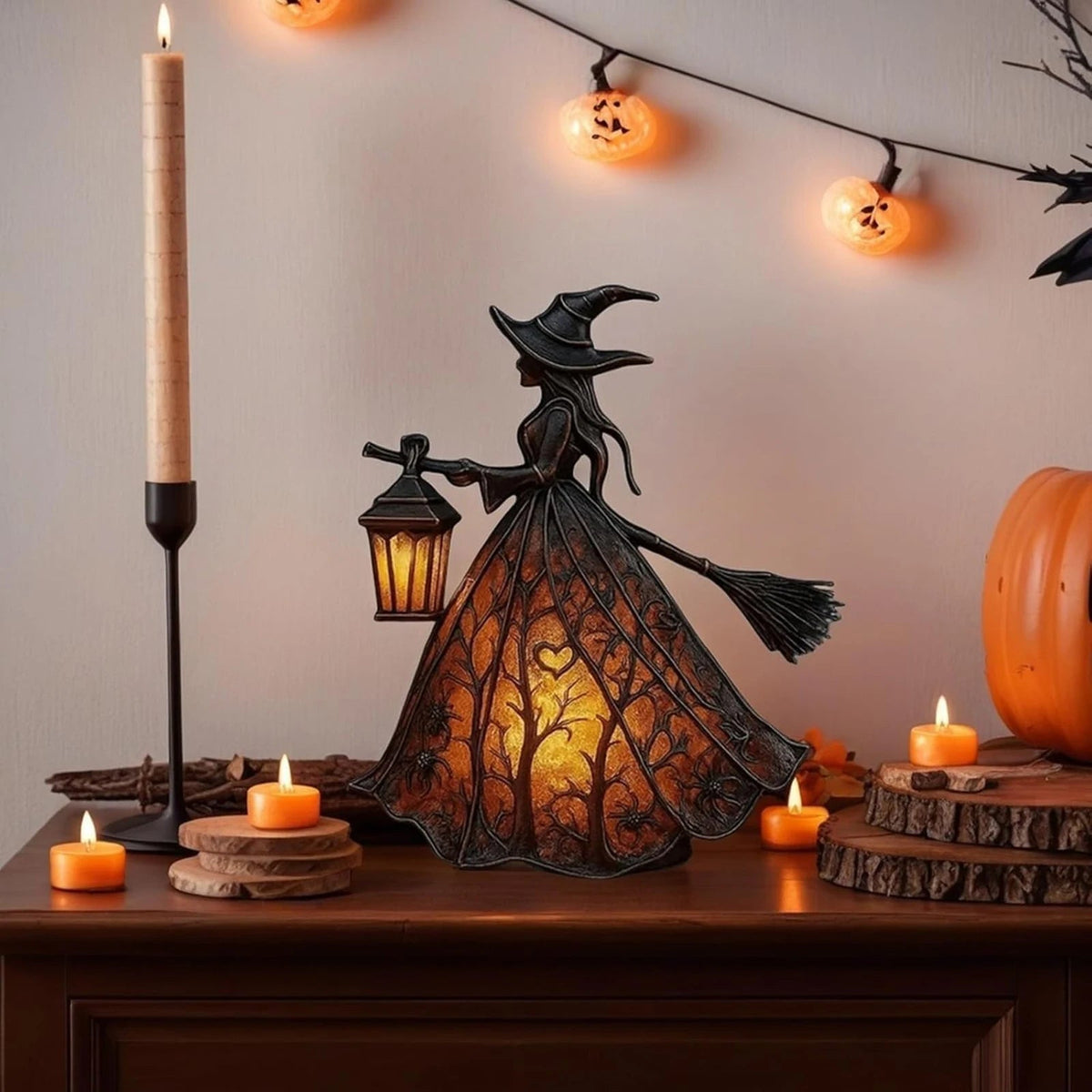 Halloween Witch Table Lamp | Resin Witch With Glowing Lantern | Battery Powered Warm Light for Desks and Mantels