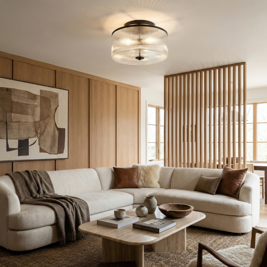 Ribbed Glass Drum Ceiling Light | Available in Brass or Black | Soft Even Glow for Bedrooms and Kitchens