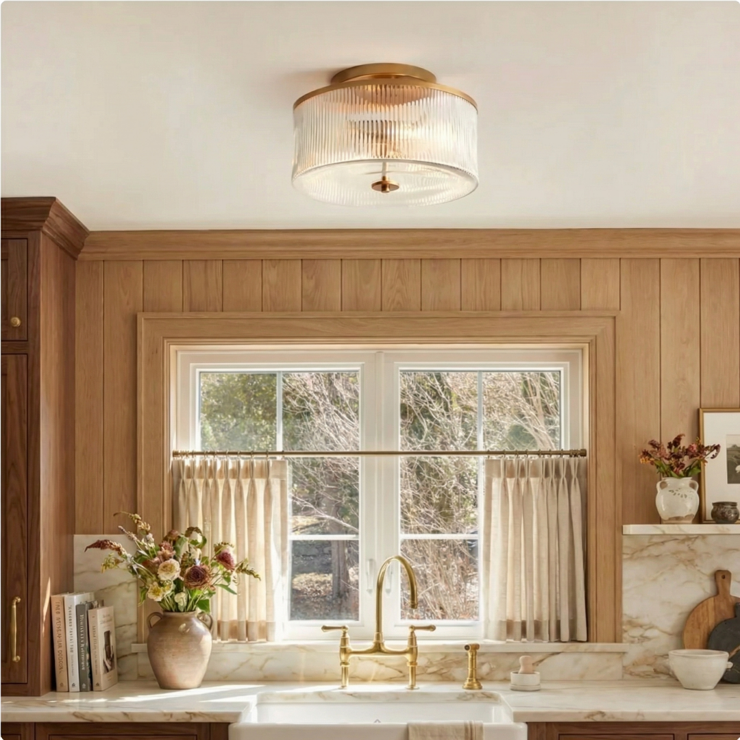 Ribbed Glass Drum Ceiling Light | Available in Brass or Black | Soft Even Glow for Bedrooms and Kitchens