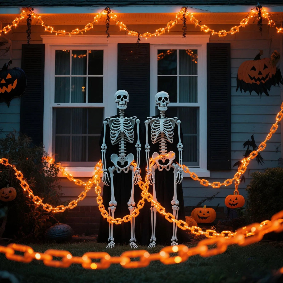 Orange LED chain lights draped over a window for Halloween
