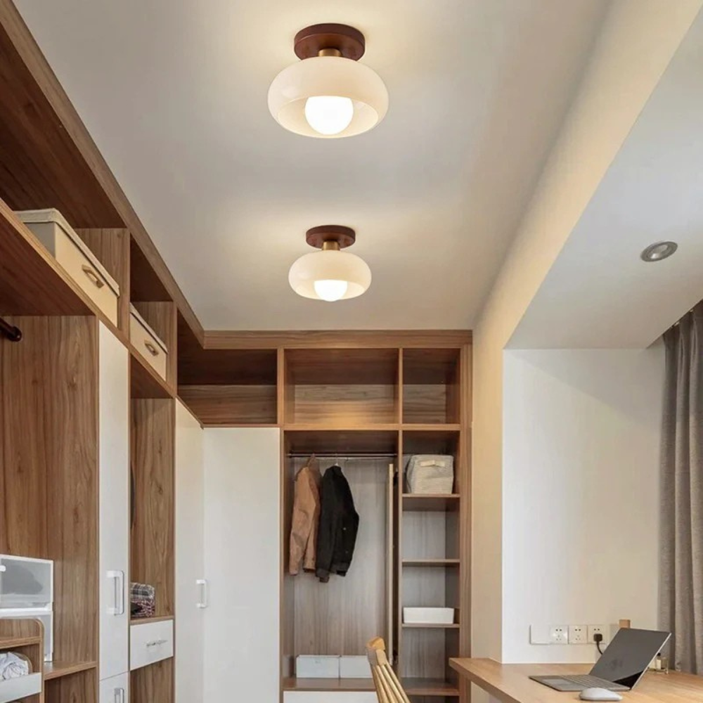 Bauhaus Glass Ceiling Light with Wood-Toned Base | Cream Glass Shade | Soft Diffused Glow for Bedrooms and Hallways