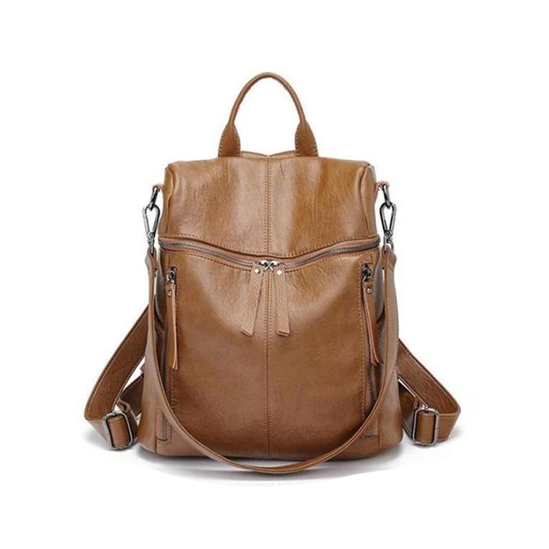 Leather Travel Backpack with Large Capacity | Room for a Tablet, Phone and Long Wallet | Black or Khaki, 30 cm Tall