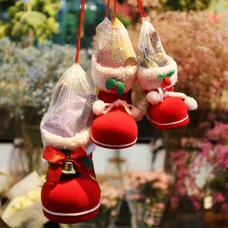 Red Velvet Boot Christmas Tree Decorations with Mesh Bag