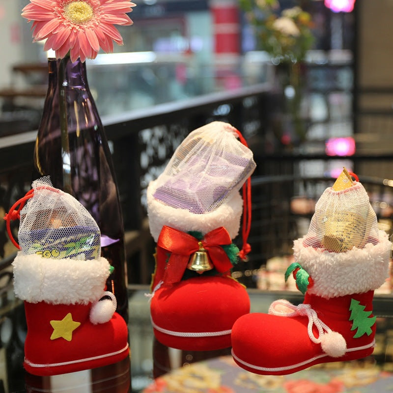 Red Velvet Boot Christmas Tree Decorations with Mesh Bag