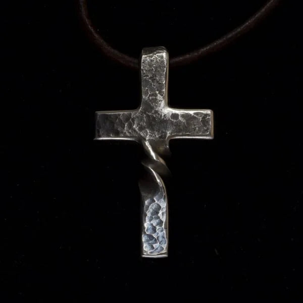 Handmade Cross Pendant Necklace on an Adjustable Leather Cord | Curved Lower Arm and Hand Finished Detail | One of a Kind Piece