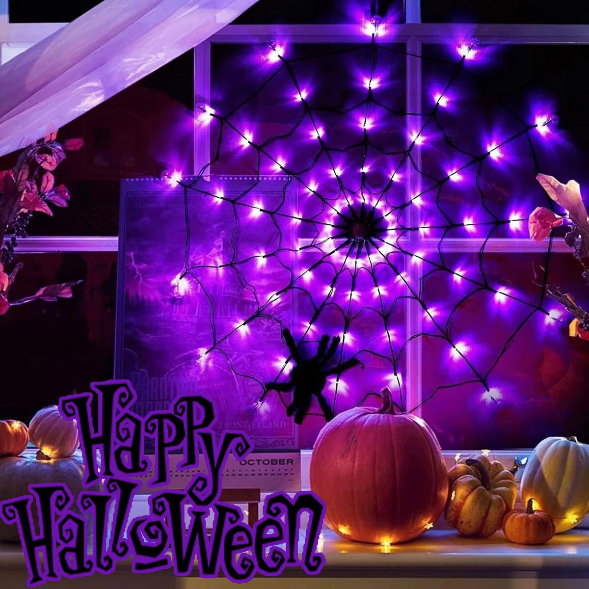 Halloween Spider Web Light | 70 LEDs With 8 Modes In Purple Or Orange | IP65 Waterproof With Bendable Black Spider