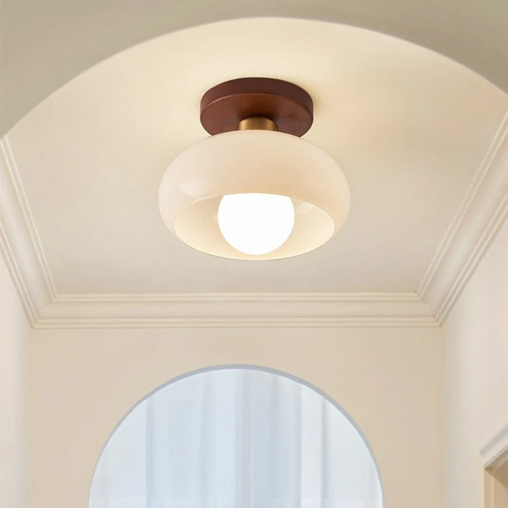Bauhaus Glass Ceiling Light with Wood-Toned Base | Cream Glass Shade | Soft Diffused Glow for Bedrooms and Hallways