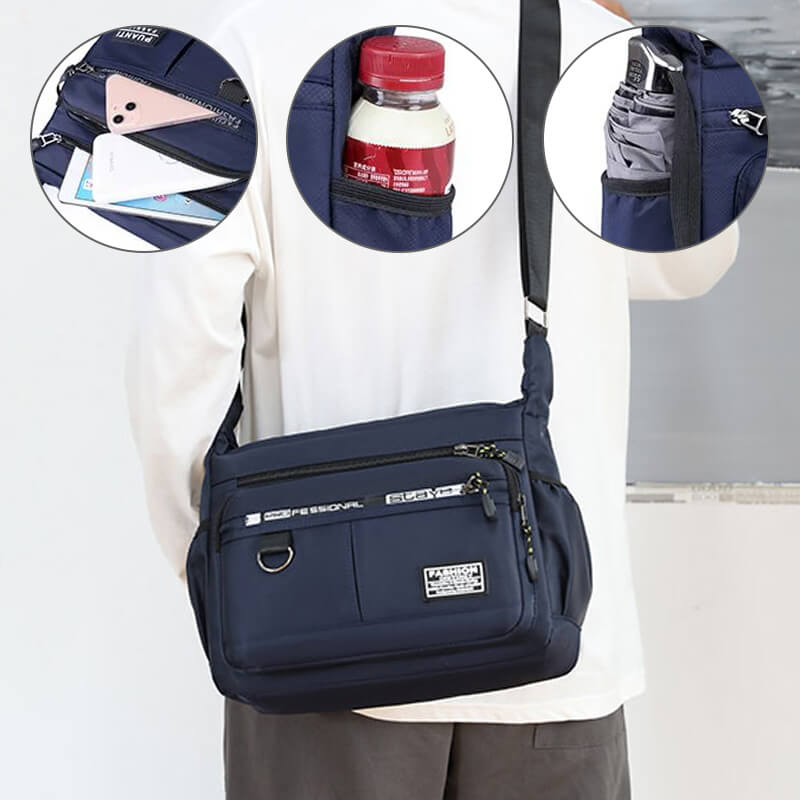Nylon Crossbody Bag with Multiple Zip Pockets | Water-Repellent Messenger Shoulder Pack for Work, School or Travel
