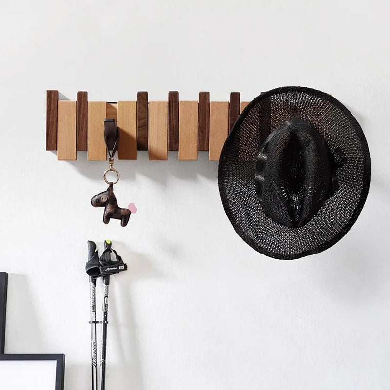 Wooden Coat Racks for Wall with Folding Hooks | Piano Key Design in Walnut or Beech for the Hallway and Entryway