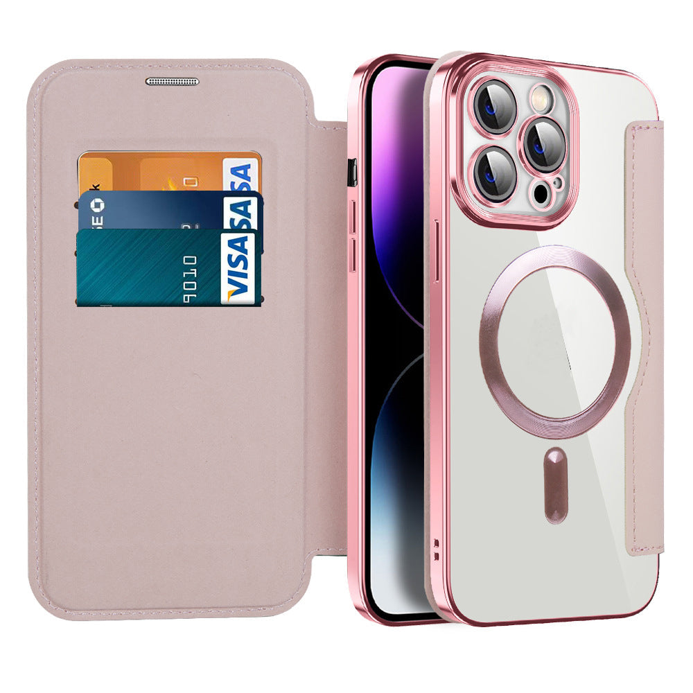 Magnetic Flip iPhone Cases with Card Slot and RFID Shielding | Clear Shockproof Back, Fits 15 Pro Max to 12
