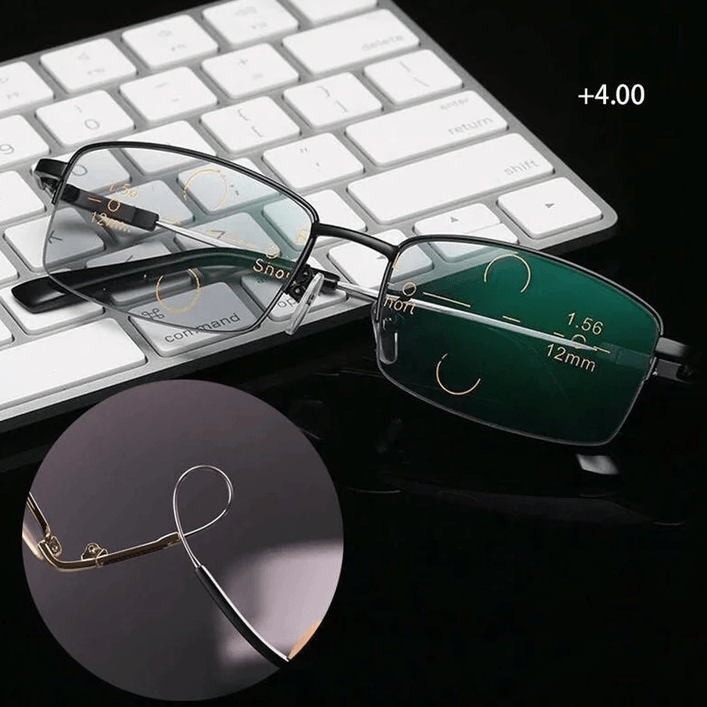 Progressive Reading Glasses in Titanium at 17 g | Go from Near to Far Without Swapping Pairs | Seven Strengths, Black or Gold