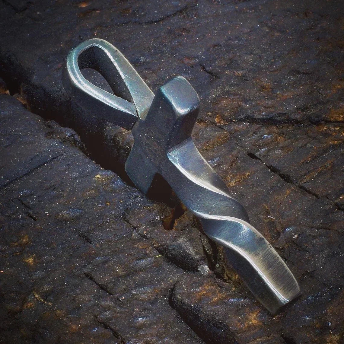 Handmade Cross Pendant Necklace on an Adjustable Leather Cord | Curved Lower Arm and Hand Finished Detail | One of a Kind Piece