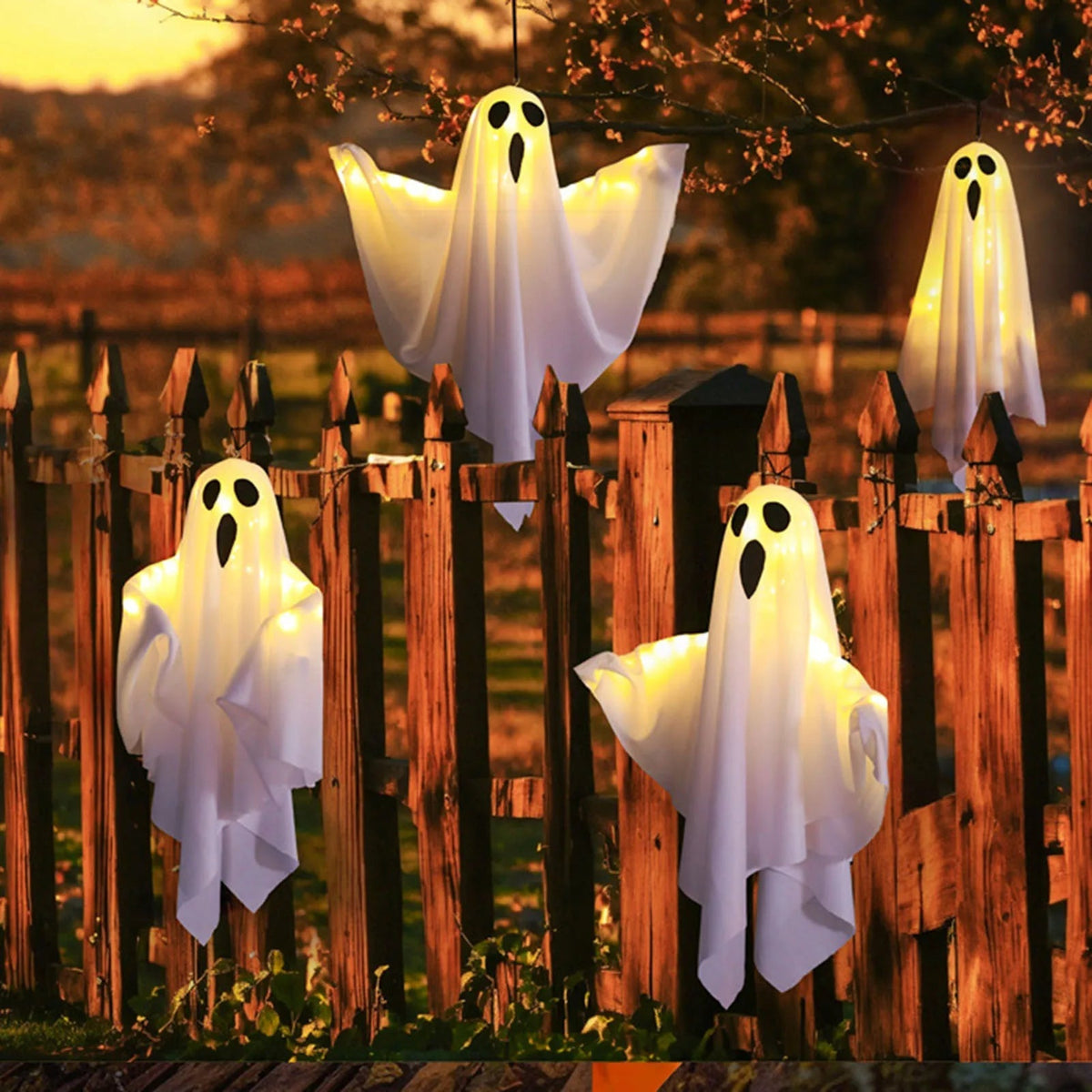 LED hanging ghost decoration showing its spooky face detail