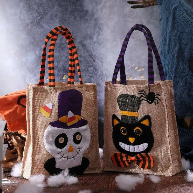 Halloween Trick Or Treat Bag | 10.23 X 5.9 In Cotton Linen With Sturdy Handles | Pumpkin, Cat, Witch Or Skull Design