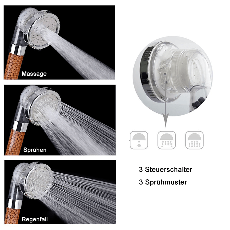 Filtered Shower Head with a Mineral Bead Cartridge | Three Spray Modes on a Turn Ring: Massage, Jet and Rainfall