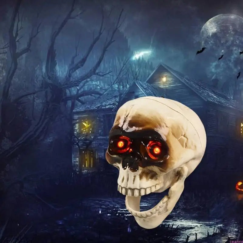 Close view of the plastic skeleton head Halloween prop