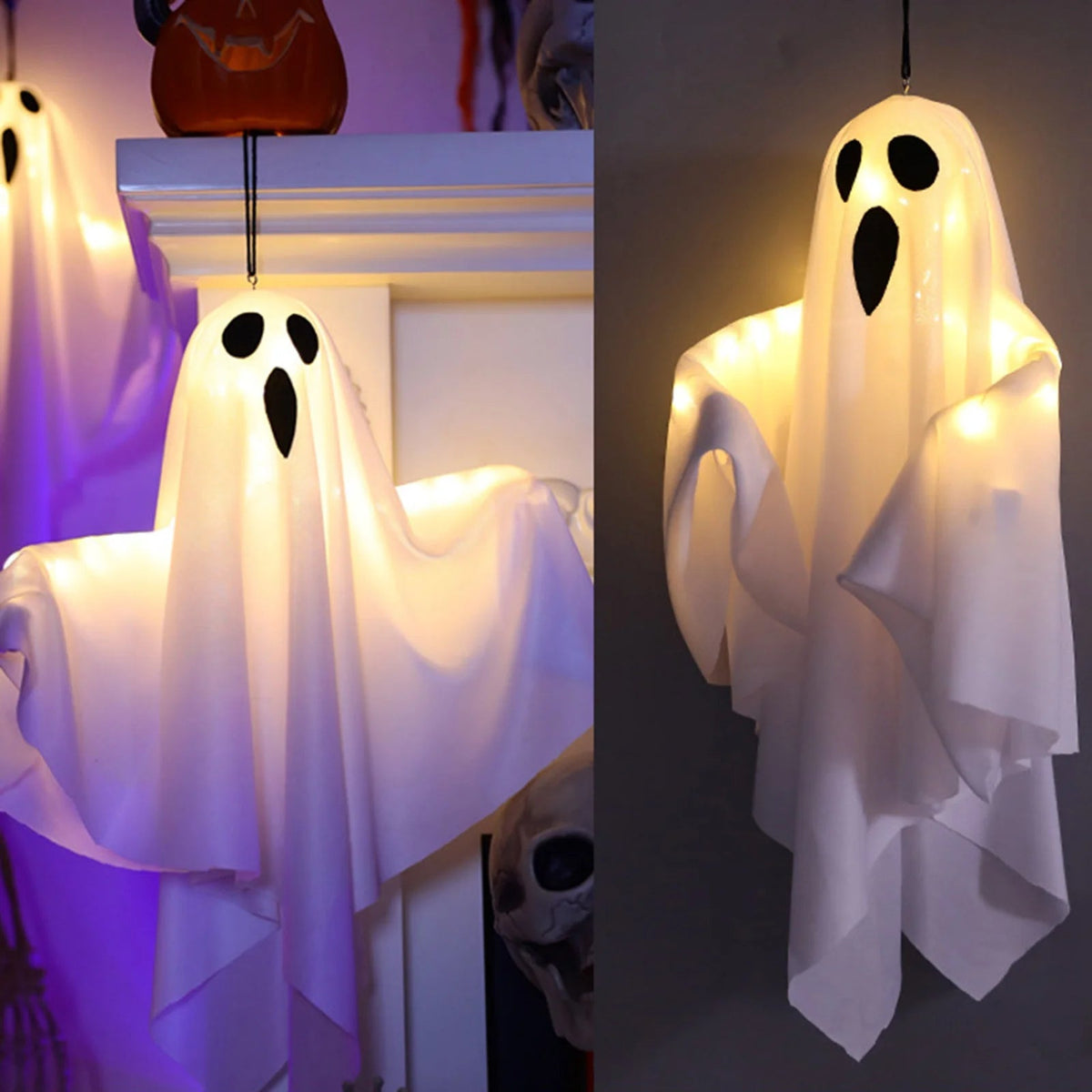 Battery operated ghost Halloween decoration displayed on a porch