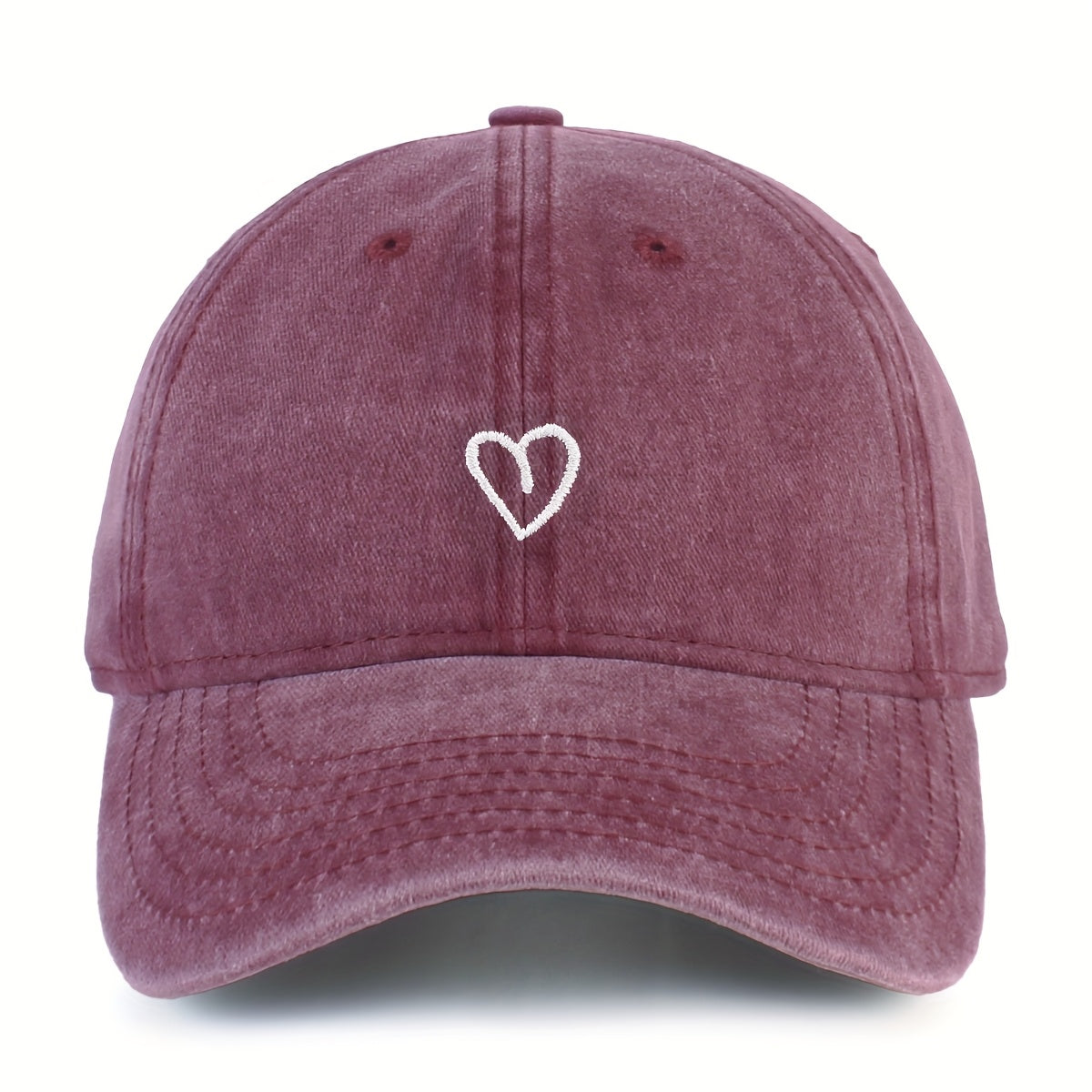Washed Baseball Cap with an Embroidered Heart | Adjustable Buckle Strap, One Size | Eight Colors in Woven Polyester