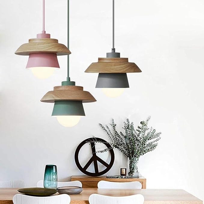 Nordic Wood Pendant Light with Aluminum Shade | Adjustable Hanging Length Up to 35.4 Inches | Available in 5 Colors