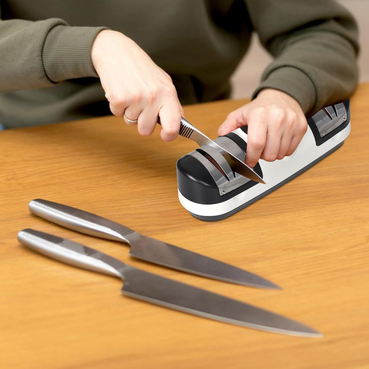 Cordless Electric Knife Sharpener with Three Speeds | Guided Coarse and Fine Slots for Steel Blades | Up to 60 Minutes