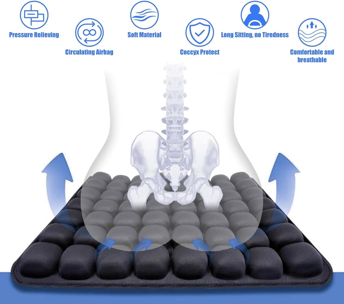 Inflatable Travel Seat Cushion with 36 Air Cells | Adjustable Firmness and Non-Slip Base | 3 Colors