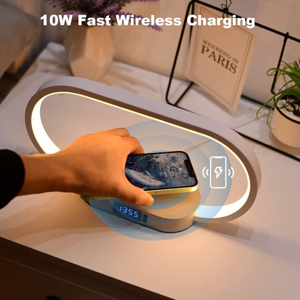 LED Table Lamp with Wireless Charging Pad and Digital Clock | Five Color Modes, Touch Dimming | Wood Base
