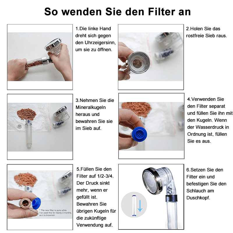 Filtered Shower Head with a Mineral Bead Cartridge | Three Spray Modes on a Turn Ring: Massage, Jet and Rainfall