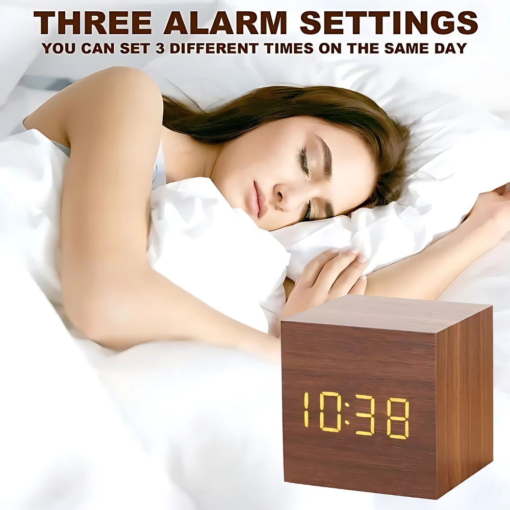 Wood Grain Digital Clock Cube for a Bedside Table | Snooze Button and Temperature Readout in Four Finishes