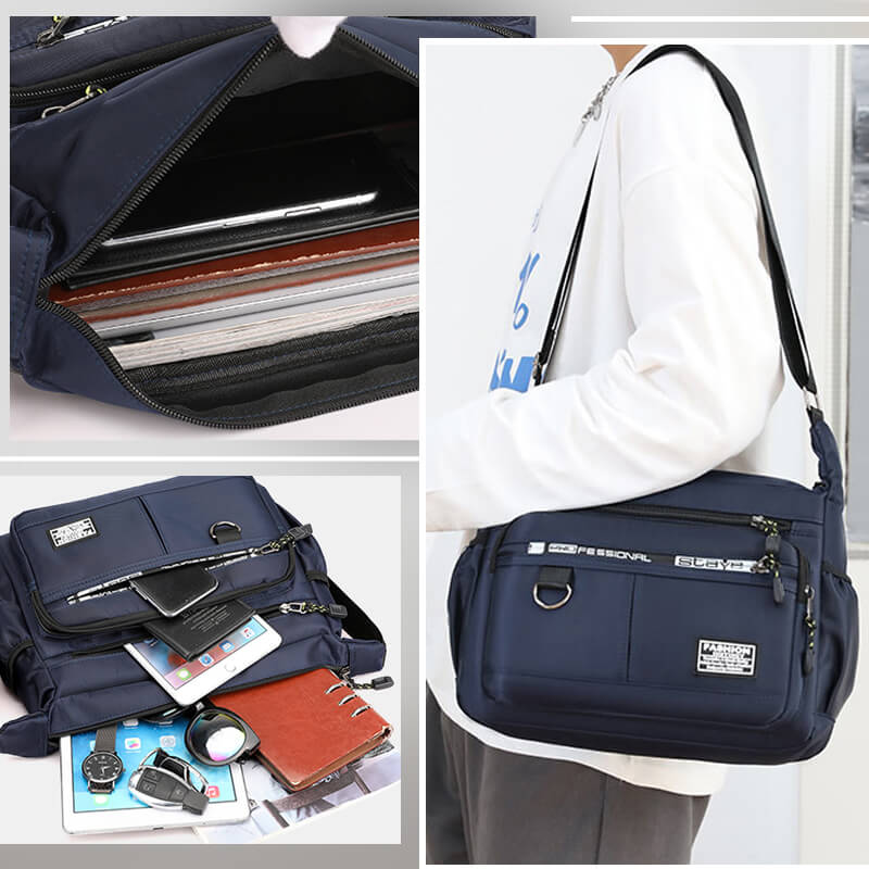 Nylon Crossbody Bag with Multiple Zip Pockets | Water-Repellent Messenger Shoulder Pack for Work, School or Travel