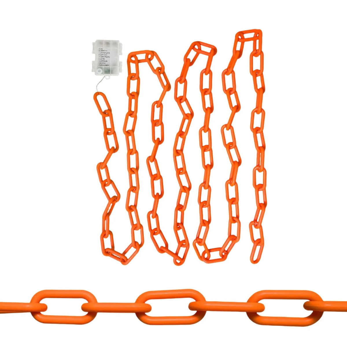 Close view of the plastic chain links on the Halloween LED light string