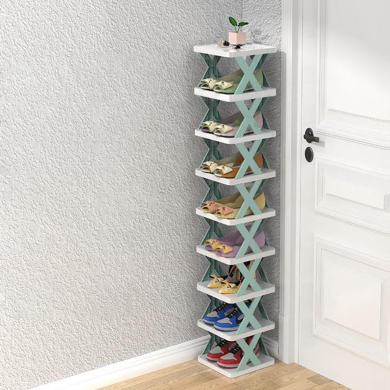 Shoe Rack with Three to Eight Vertical Tiers for Narrow Halls | Side Guards and a Top Shelf | Waterproof PP in Orange, Blue or Green