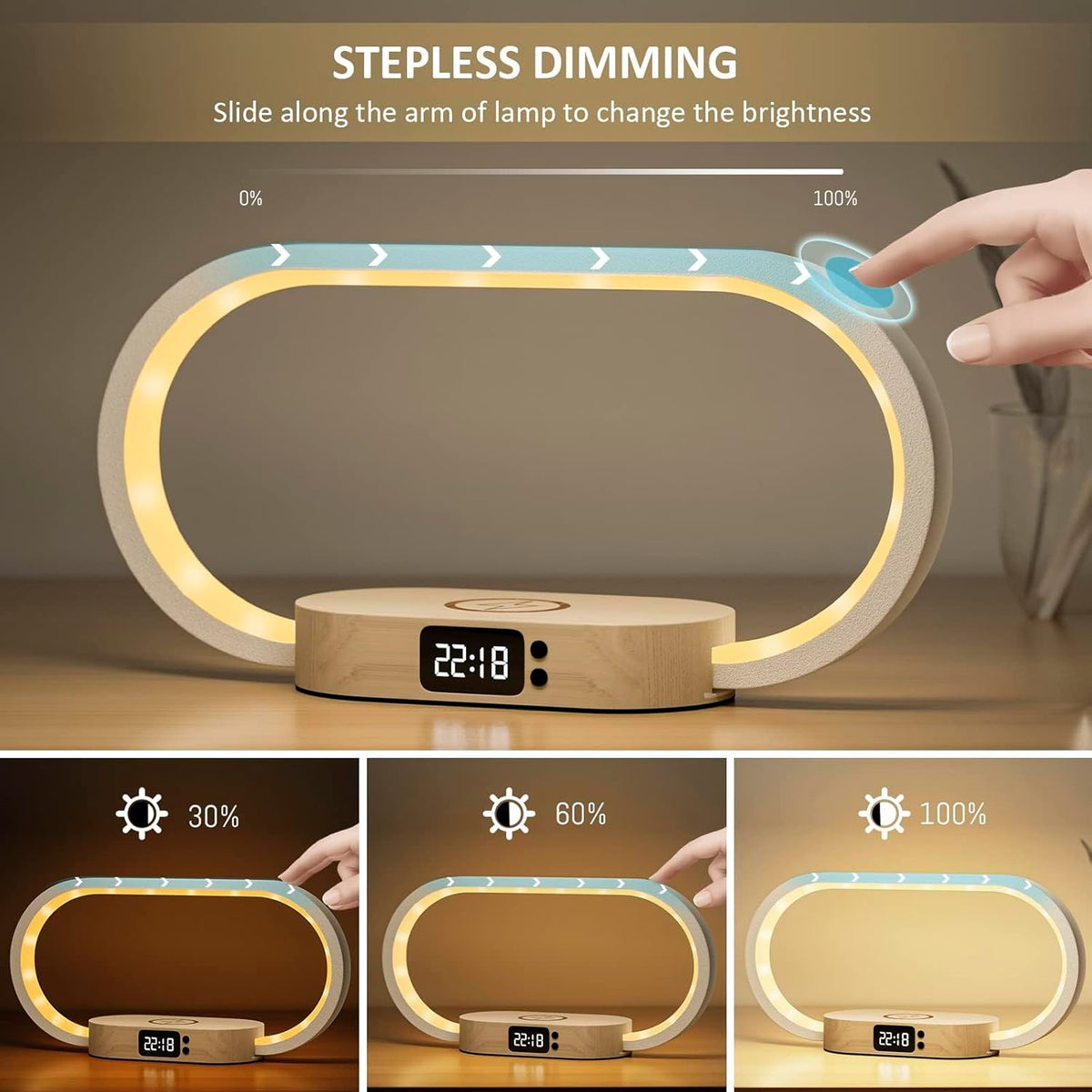 LED Table Lamp with Wireless Charging Pad and Digital Clock | Five Color Modes, Touch Dimming | Wood Base