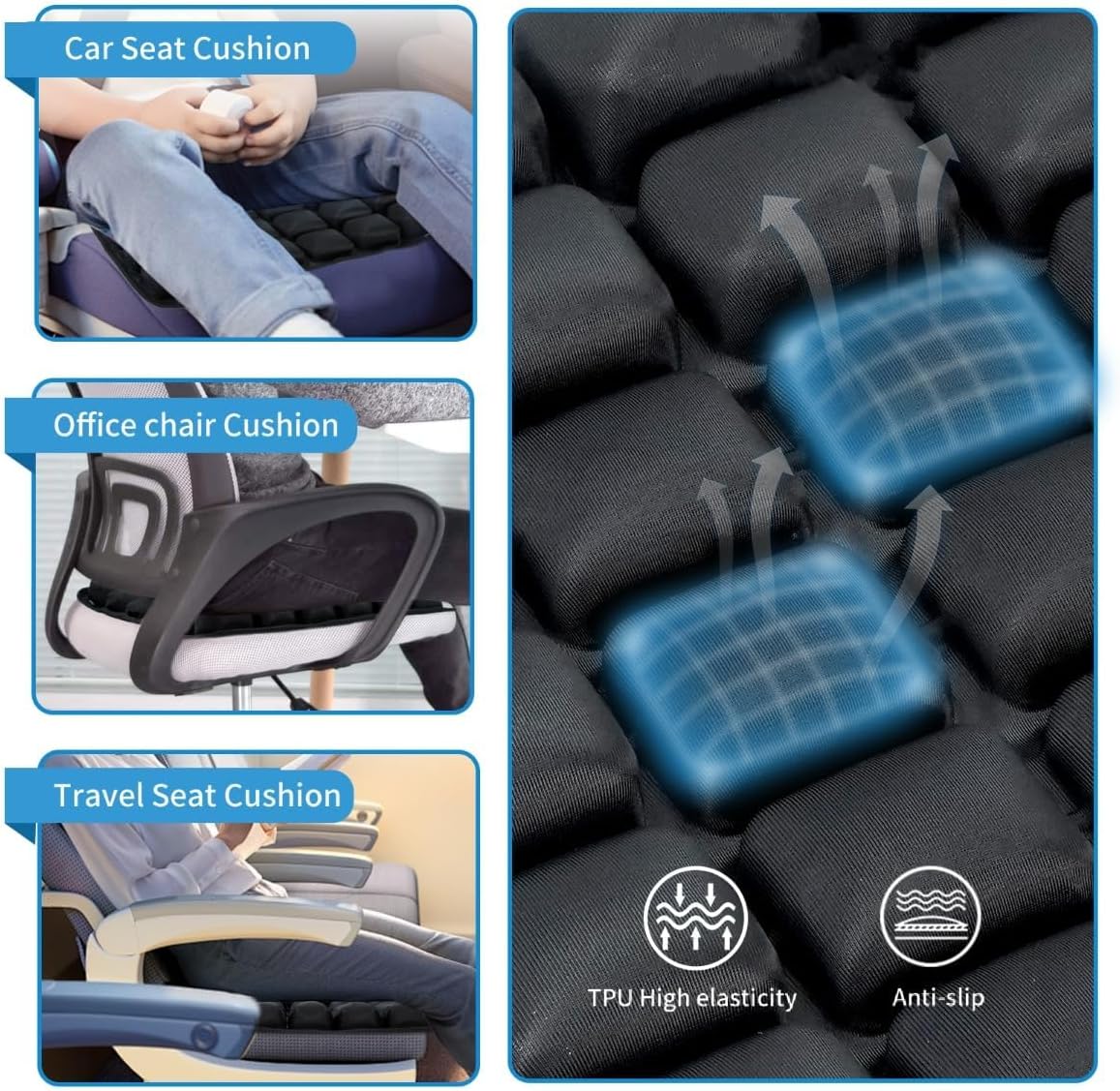 Inflatable Travel Seat Cushion with 36 Air Cells | Adjustable Firmness and Non-Slip Base | 3 Colors