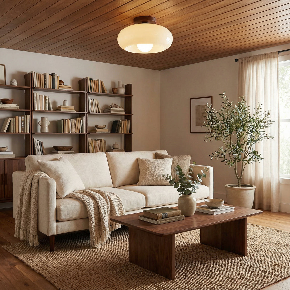 Bauhaus Glass Ceiling Light with Wood-Toned Base | Cream Glass Shade | Soft Diffused Glow for Bedrooms and Hallways
